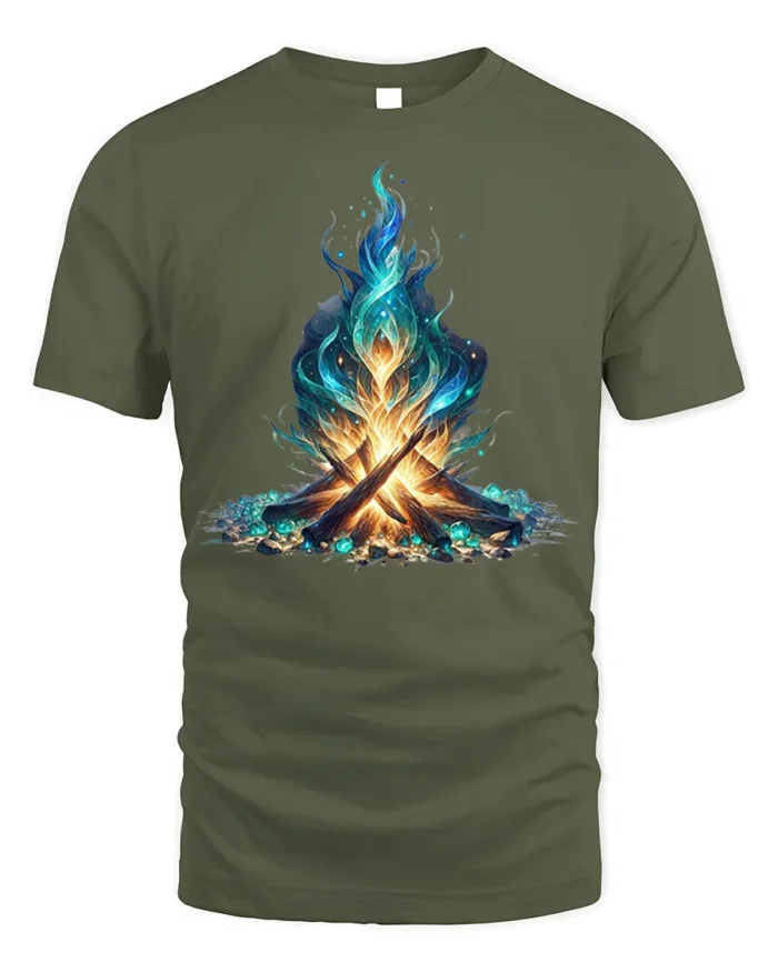 Mystic Blue Flame Campfire Art T-Shirt - military green t-shirt on white background