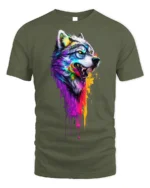 Colorful Dripping Paint Wolf T-Shirt - military green t-shirt on white background