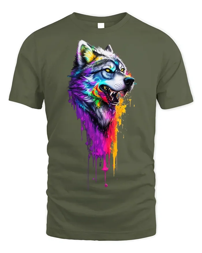Colorful Dripping Paint Wolf T-Shirt - military green t-shirt on white background