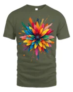 Color Splash Abstract Flower Art T-Shirt - military green t-shirt on white background