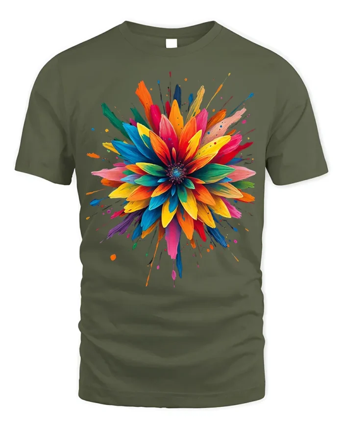 Color Splash Abstract Flower Art T-Shirt - military green t-shirt on white background