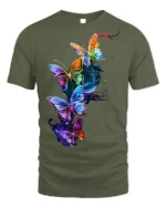 Colorful Neon Butterfly Splash Art T-shirt - military green t-shirt on white background