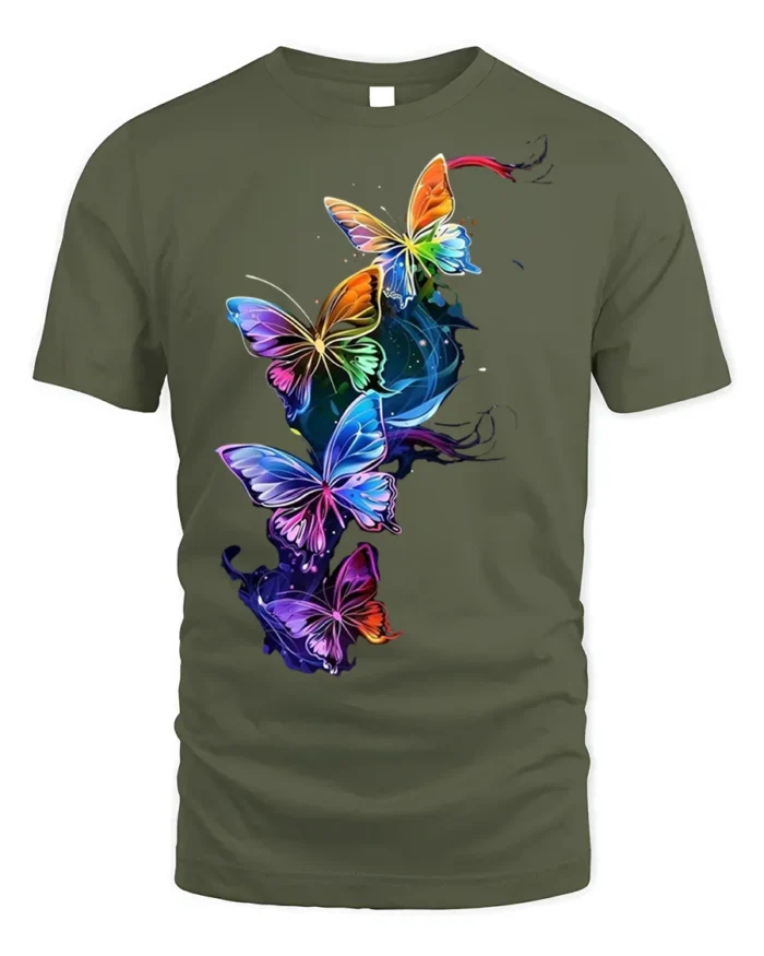 Colorful Neon Butterfly Splash Art T-shirt - military green t-shirt on white background