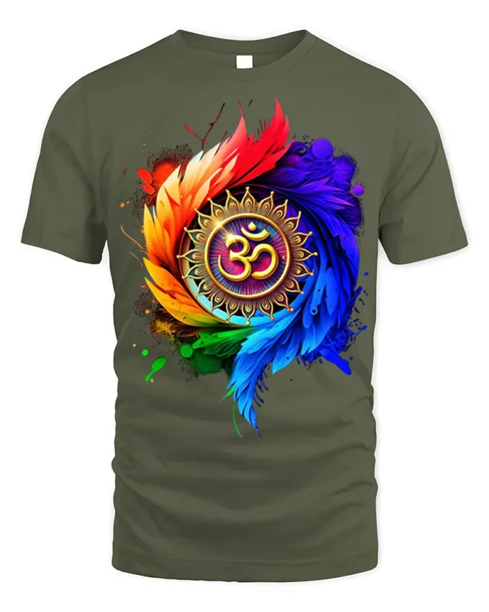 Colorful Om Mandala Spiritual Energy T-shirt - military green t-shirt on white background