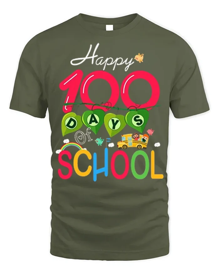 Happy 100 Days of School Celebration T-shirt - military green t-shirt on white background