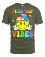 Field Trip Vibes Smiley Face Kids T-shirt - military green t-shirt on white background