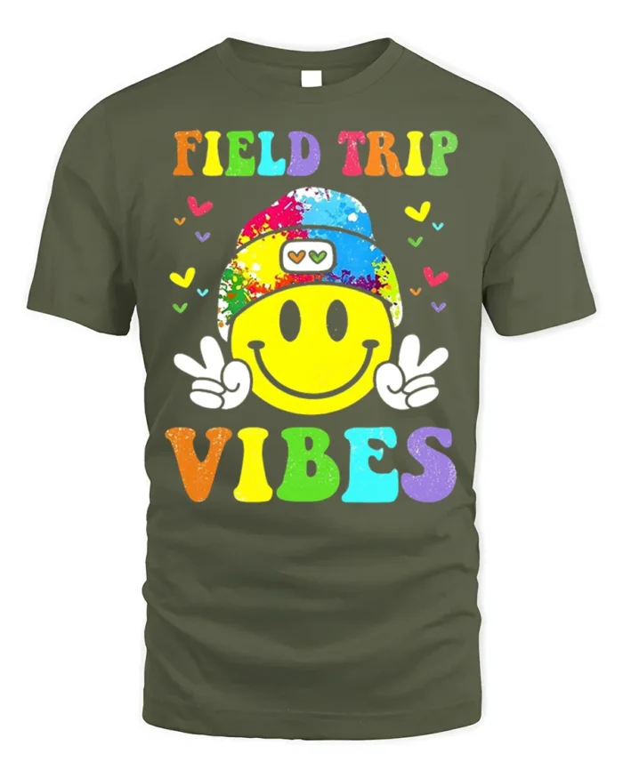 Field Trip Vibes Smiley Face Kids T-shirt - military green t-shirt on white background