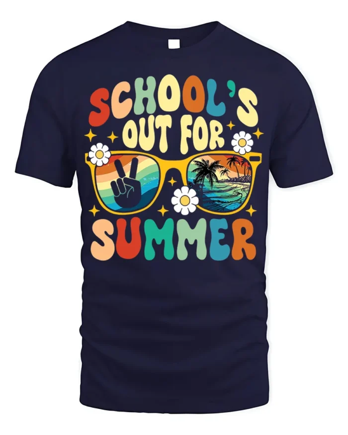 Retro School’s Out for Summer Vibes T-shirt - navy t-shirt on white background
