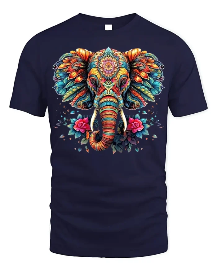 Colorful Elephant Floral Art T-Shirt - navy t-shirt on white background