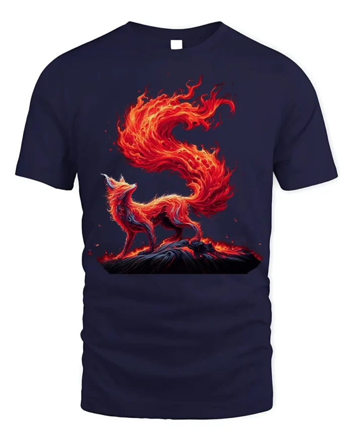 Blazing Fire Fox Spirit Graphic T-Shirt - navy t-shirt on white background