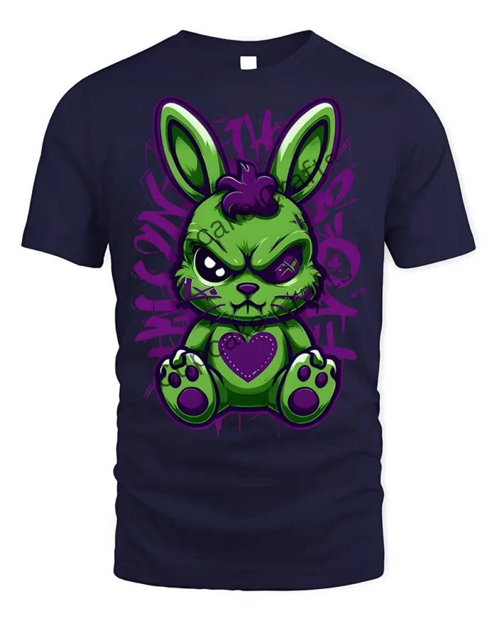 Angry Punk Bunny Heart Patch T-Shirt - navy t-shirt on white background