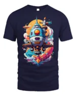 Retro Sci-Fi Spaceship Launch T-Shirt - navy t-shirt on white background