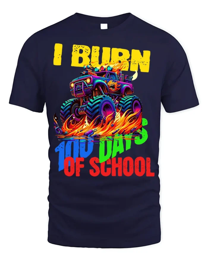 Monster Truck 100 Days of School T-Shirt - navy t-shirt on white background