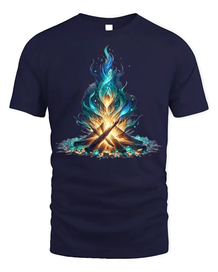 Mystic Blue Flame Campfire Art T-Shirt - navy t-shirt on white background