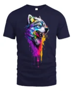 Colorful Dripping Paint Wolf T-Shirt - navy t-shirt on white background