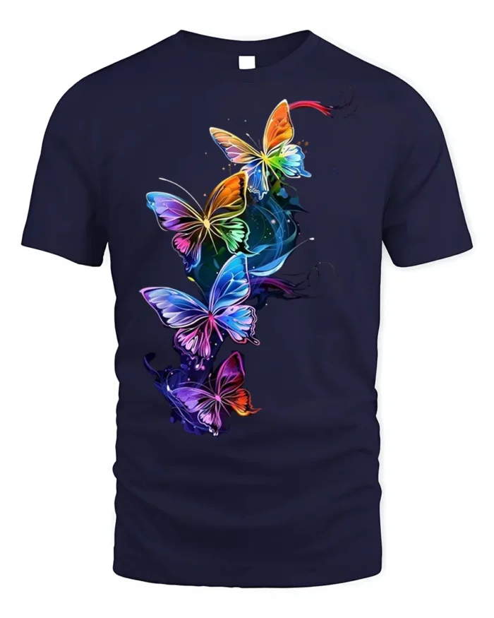 Colorful Neon Butterfly Splash Art T-shirt - navy t-shirt on white background