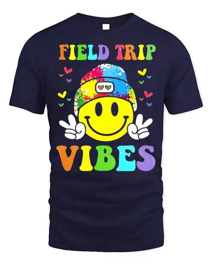 Field Trip Vibes Smiley Face Kids T-shirt - navy t-shirt on white background