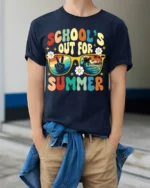 Retro School’s Out for Summer Vibes T-shirt - model wearing navy shirt, hands in pockets