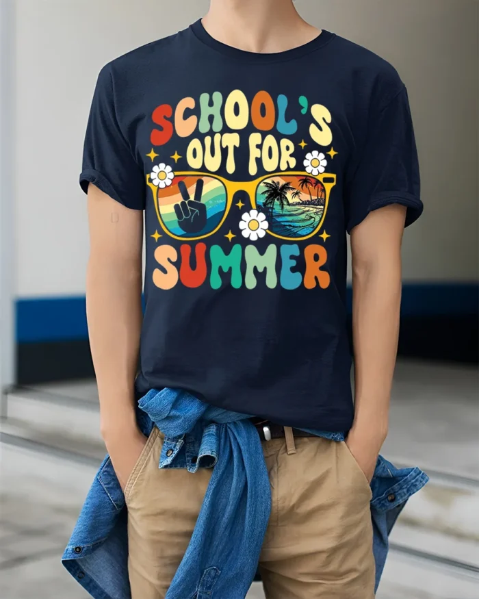 Retro School’s Out for Summer Vibes T-shirt - model wearing navy shirt, hands in pockets