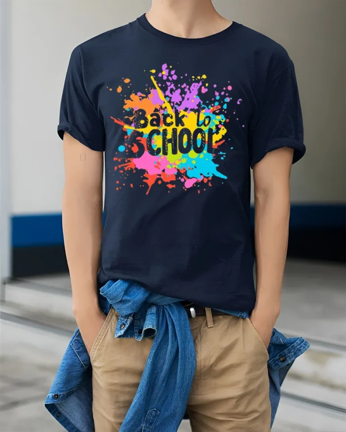 Color Splash Back to School T-shirt - model wearing navy shirt, hands in pockets