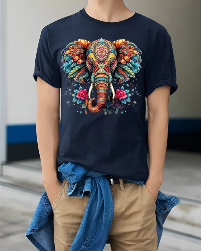 Colorful Elephant Floral Art T-Shirt - model wearing navy shirt, hands in pockets