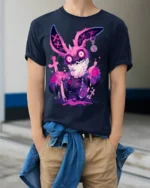 Psychedelic Bunny Horror Vibes T-Shirt - model wearing navy shirt, hands in pockets