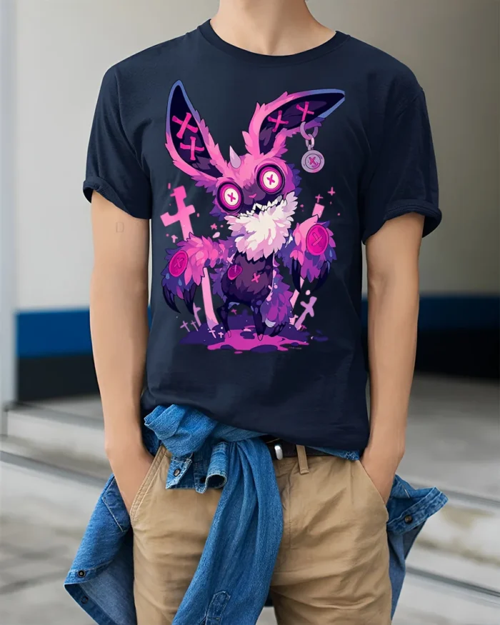 Psychedelic Bunny Horror Vibes T-Shirt - model wearing navy shirt, hands in pockets
