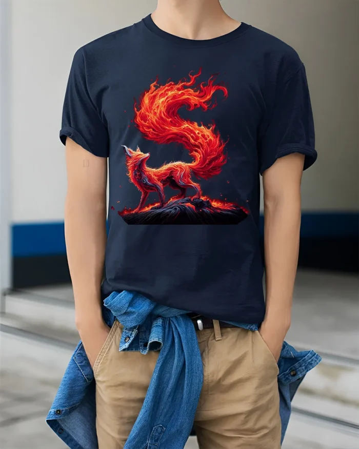 Blazing Fire Fox Spirit Graphic T-Shirt - model wearing navy shirt, hands in pockets