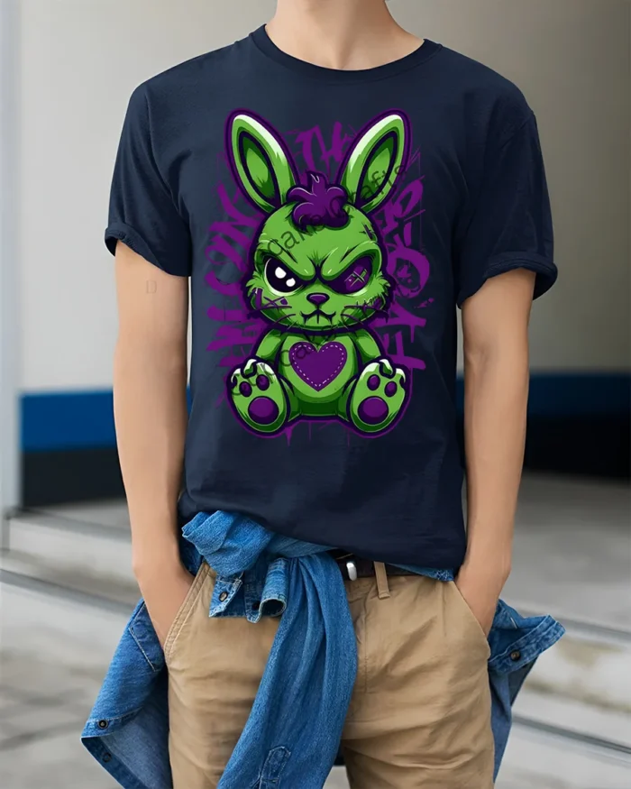 Angry Punk Bunny Heart Patch T-Shirt - model wearing navy shirt, hands in pockets