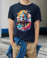 Retro Sci-Fi Spaceship Launch T-Shirt - model wearing navy shirt, hands in pockets