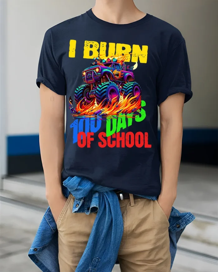 Monster Truck 100 Days of School T-Shirt - model wearing navy shirt, hands in pockets