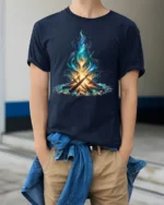 Mystic Blue Flame Campfire Art T-Shirt - model wearing navy shirt, hands in pockets