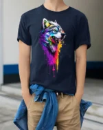 Colorful Dripping Paint Wolf T-Shirt - model wearing navy shirt, hands in pockets