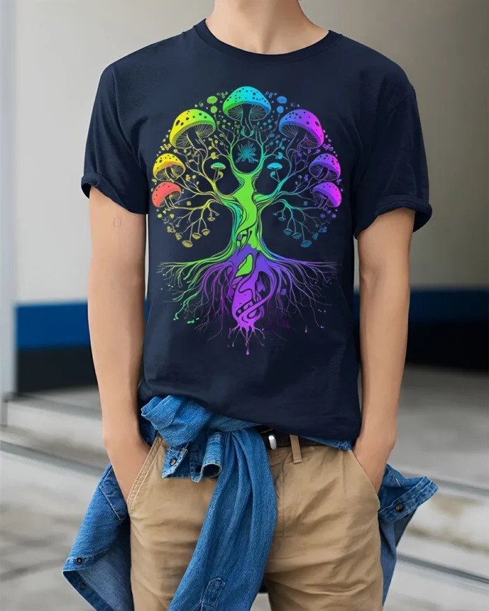 Psychedelic Mushroom Tree of Life T-Shirt - model wearing navy shirt, hands in pockets