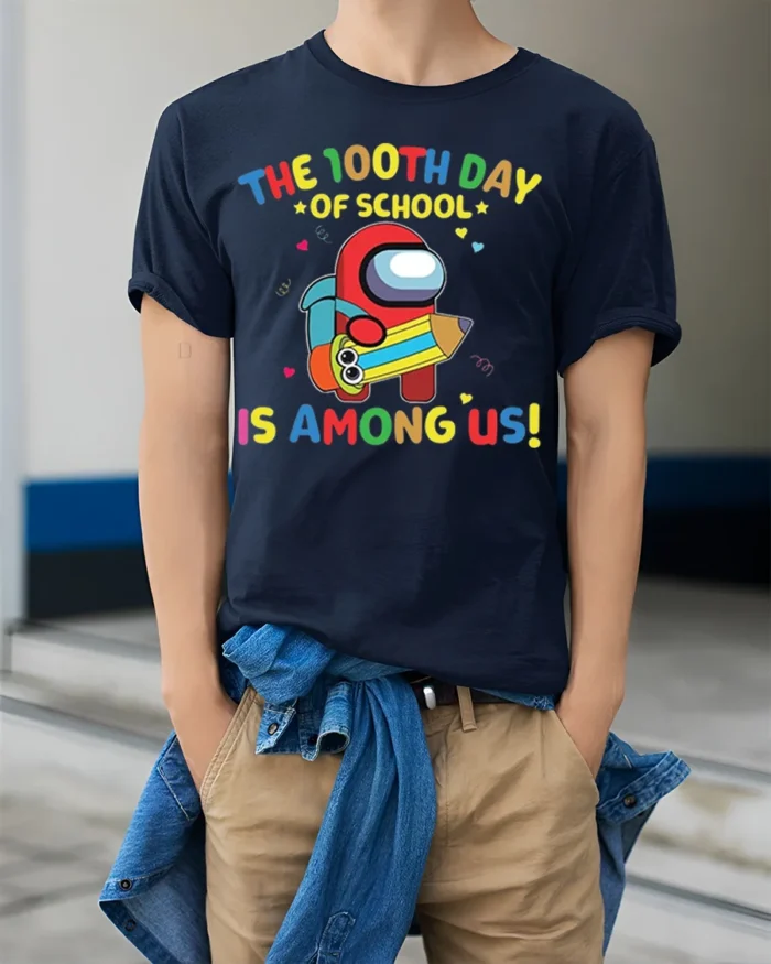 100th Day of School Among Us Style T-shirt - model wearing navy shirt, hands in pockets