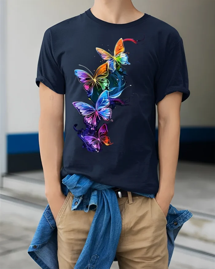 Colorful Neon Butterfly Splash Art T-shirt - model wearing navy shirt, hands in pockets
