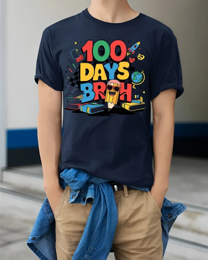 100 Days Broh Funny School Celebration T-shirt - model wearing navy shirt, hands in pockets