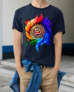 Colorful Om Mandala Spiritual Energy T-shirt - model wearing navy shirt, hands in pockets
