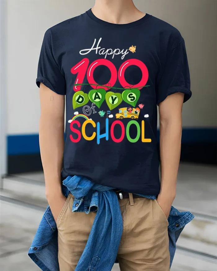 Happy 100 Days of School Celebration T-shirt - model wearing navy shirt, hands in pockets
