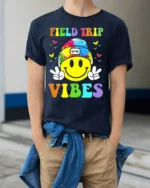 Field Trip Vibes Smiley Face Kids T-shirt - model wearing navy shirt, hands in pockets