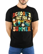 Retro School’s Out for Summer Vibes T-shirt - model wearing black shirt, hands behind back