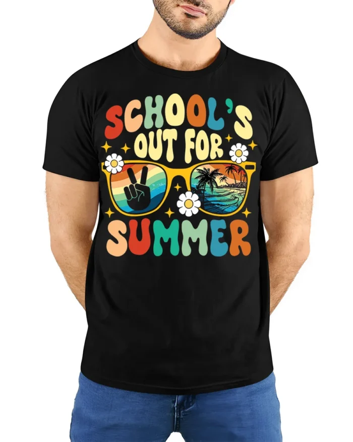 Retro School’s Out for Summer Vibes T-shirt - model wearing black shirt, hands behind back