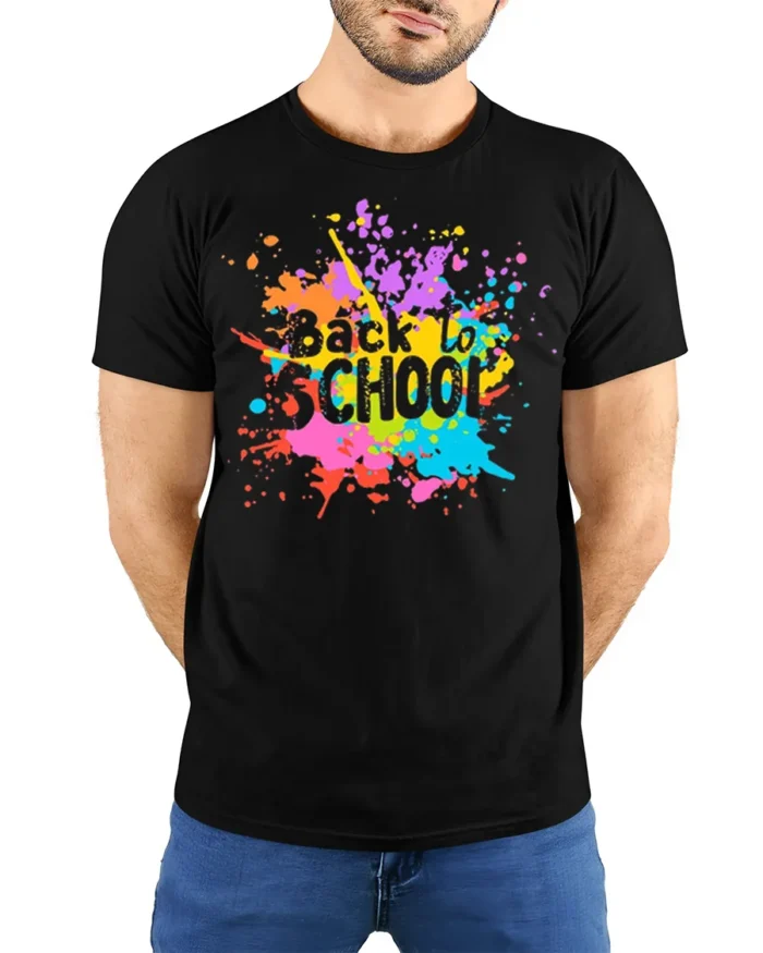 Color Splash Back to School T-shirt - model wearing black shirt, hands behind back