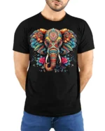Colorful Elephant Floral Art T-Shirt - model wearing black shirt, hands behind back