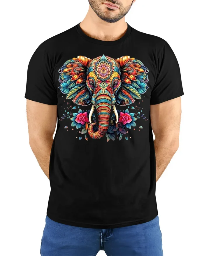 Colorful Elephant Floral Art T-Shirt - model wearing black shirt, hands behind back