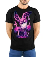 Psychedelic Bunny Horror Vibes T-Shirt - model wearing black shirt, hands behind back
