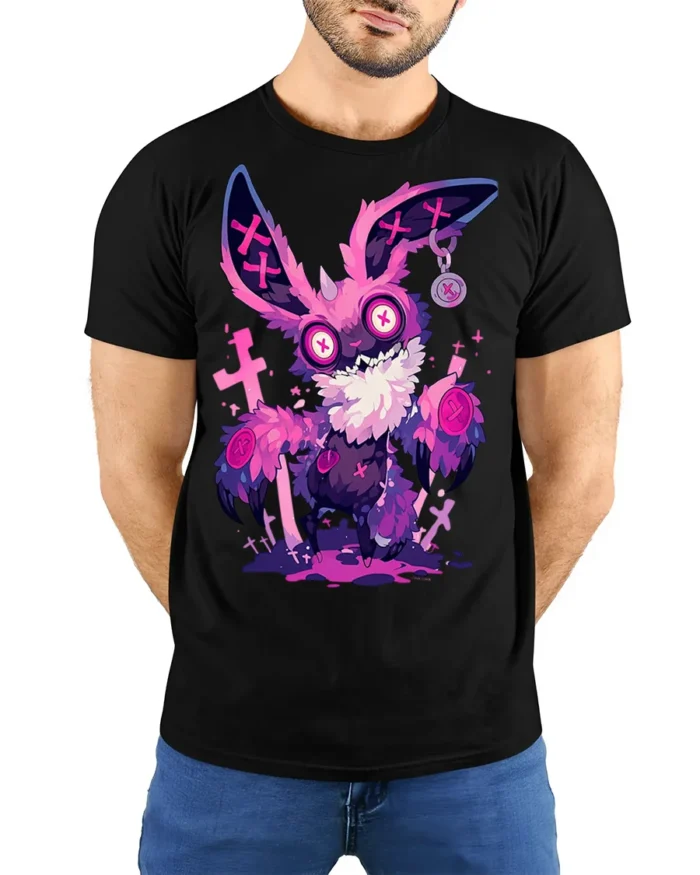 Psychedelic Bunny Horror Vibes T-Shirt - model wearing black shirt, hands behind back