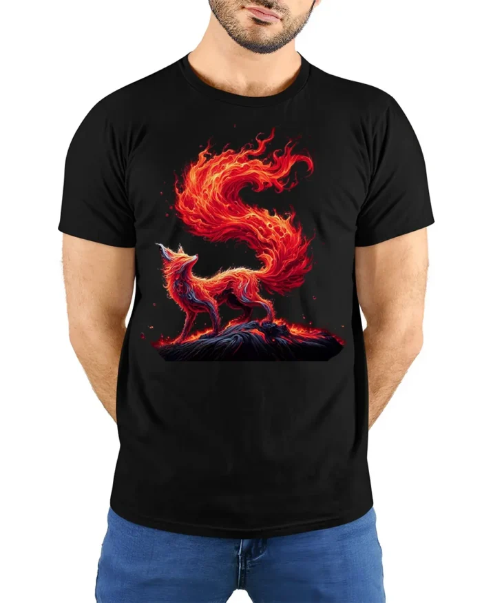 Blazing Fire Fox Spirit Graphic T-Shirt - model wearing black shirt, hands behind back