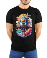 Retro Sci-Fi Spaceship Launch T-Shirt - model wearing black shirt, hands behind back