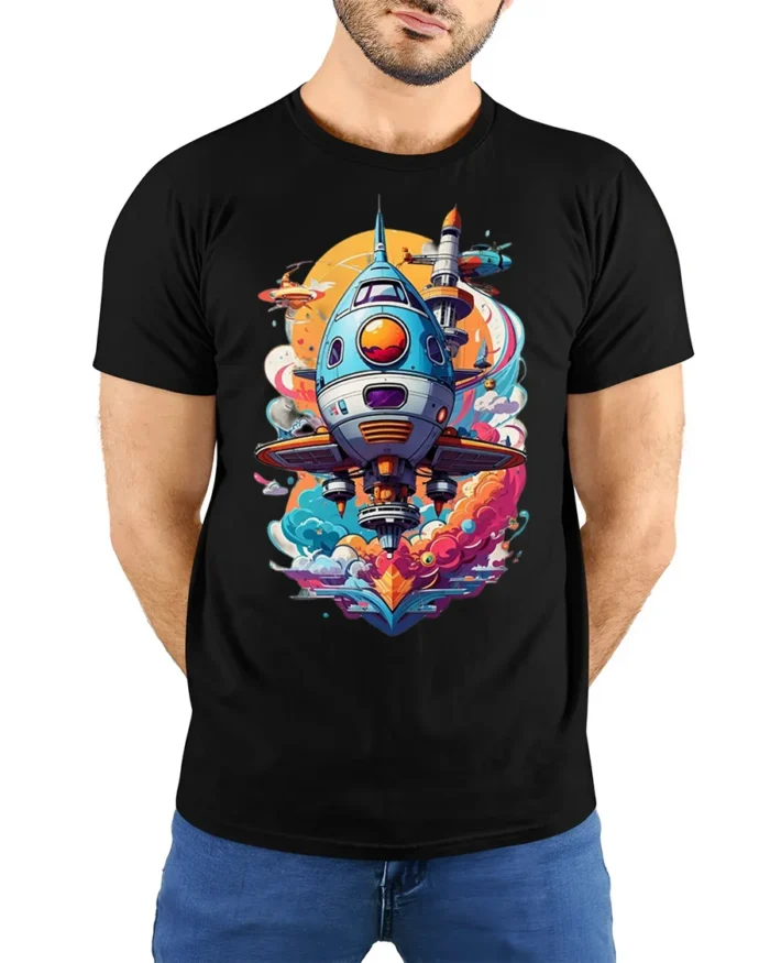 Retro Sci-Fi Spaceship Launch T-Shirt - model wearing black shirt, hands behind back